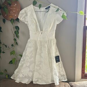 Lulu’s Admirable Spirit Ivory Floral Jacquard Puff Sleeve Mini Dress